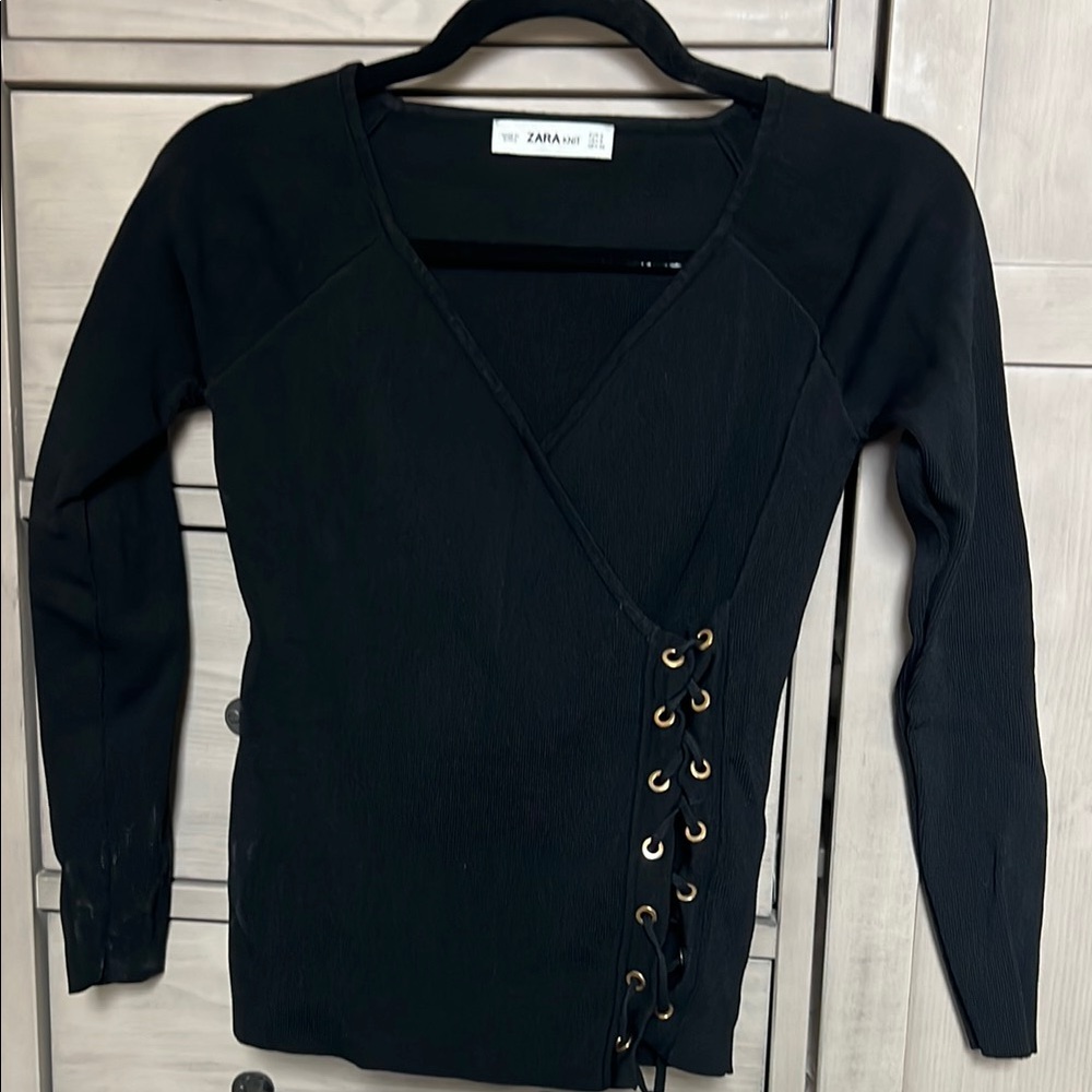 Zara Black Long Sleeve Top with Lace-Up Detail